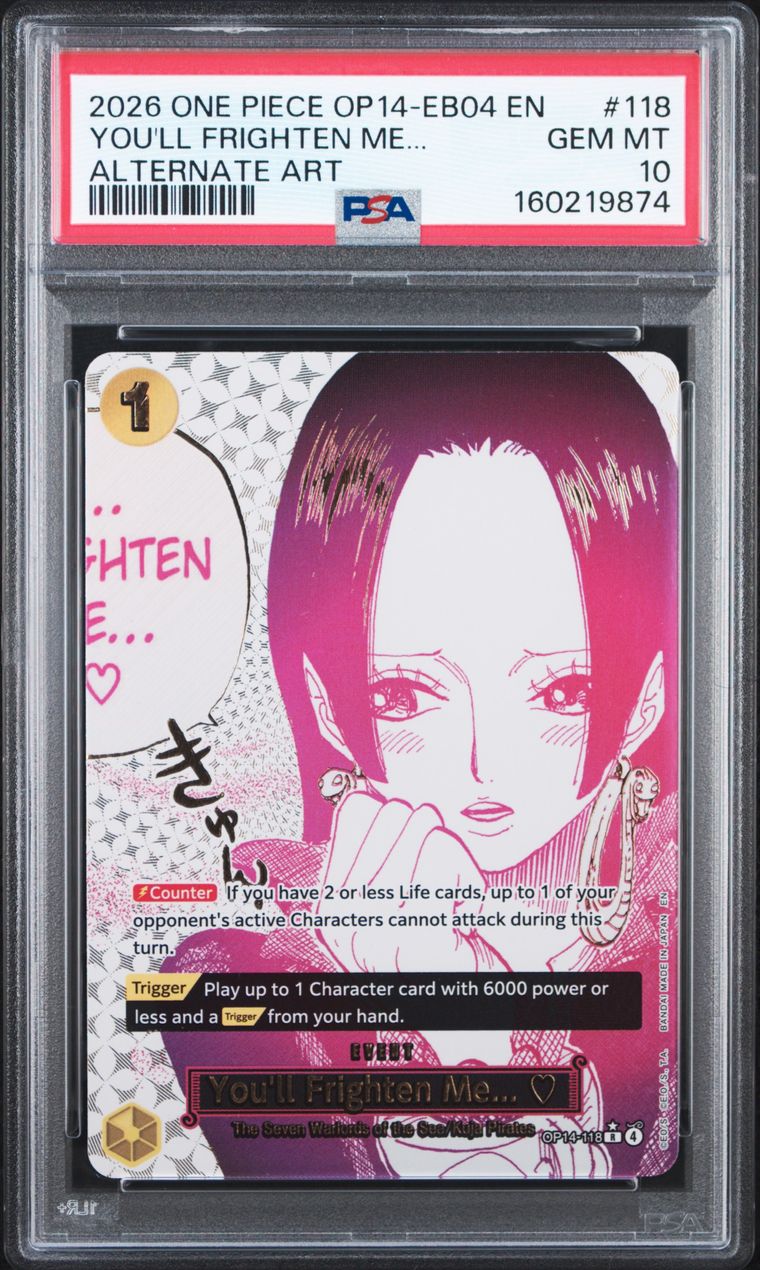 A PSA graded One Piece trading card in a clear plastic grading slab. The card is 'You'll Frighten Me.