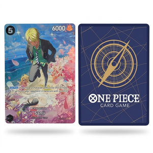 A One Piece Card Game card and its back are shown side by side on a light gray background. The left card features an anime character with blonde hair in a black jacket and green shirt, set against a colorful pink and blue background.