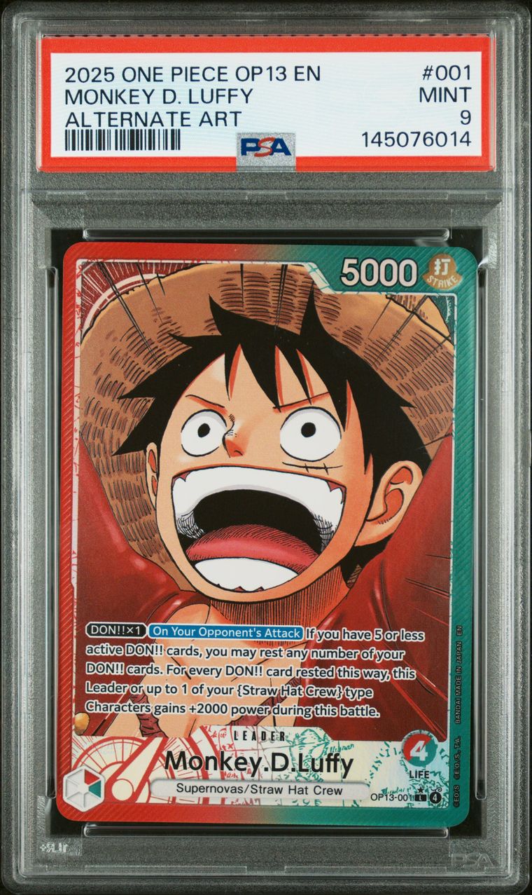 A PSA-graded One Piece trading card of Monkey D. Luffy, card number 001, sealed inside a clear plastic grading slab.