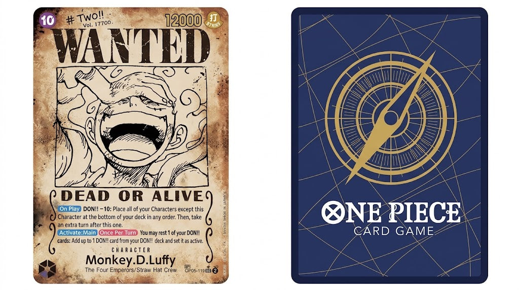 Two cards from the One Piece Card Game shown side by side: a vintage-style Monkey D. Luffy 'Wanted' card on the left and the blue card back with a gold compass design on the right.