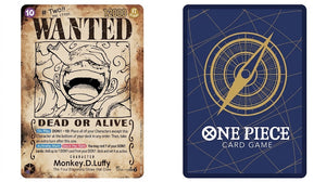 Two cards from the One Piece Card Game shown side by side: a vintage-style Monkey D. Luffy 'Wanted' card on the left and the blue card back with a gold compass design on the right.
