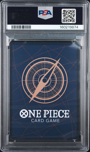 A PSA graded One Piece Card Game deck box inside a clear plastic grading case, showing a dark blue box with a compass design and white text.
