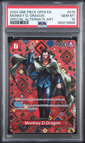 A graded One Piece trading card featuring Monkey D. Dragon, sealed inside a PSA Gem Mint 10 holder.