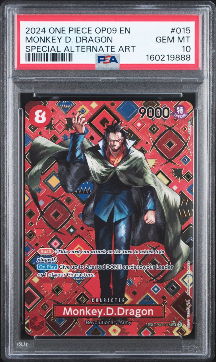 A graded One Piece trading card featuring Monkey D. Dragon, sealed inside a PSA Gem Mint 10 holder.
