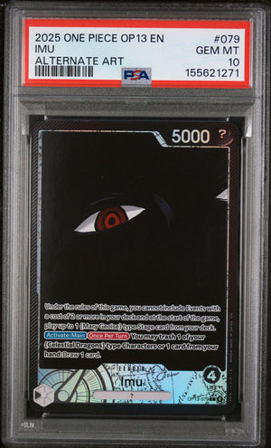A graded collectible trading card in a clear PSA-style holder. The card is a One Piece OP13 EN IMU alternate art card with a black background, a red eye illustration, and a red grading label at the top reading 2025 ONE PIECE OP13 EN IMU ALTERNATE ART, #079, GEM MT 10, with a PSA logo.