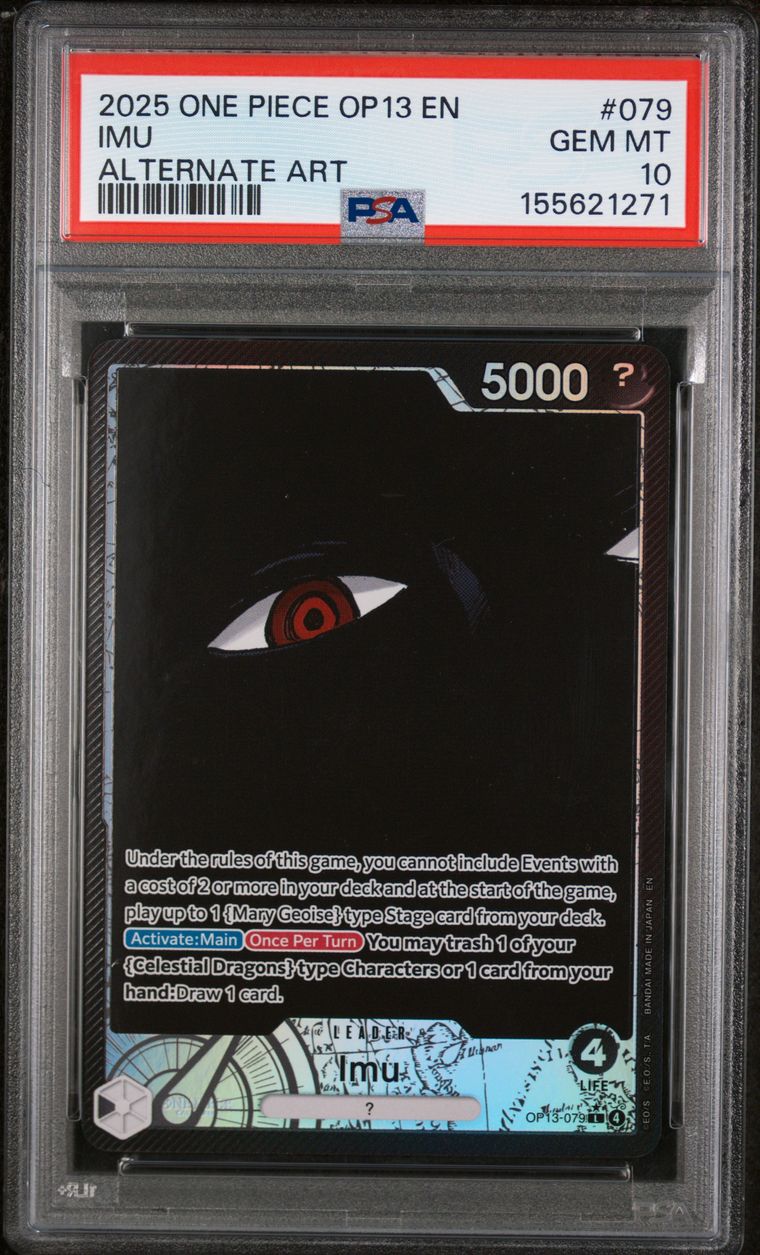 A graded collectible trading card in a clear PSA-style holder. The card is a One Piece OP13 EN IMU alternate art card with a black background, a red eye illustration, and a red grading label at the top reading 2025 ONE PIECE OP13 EN IMU ALTERNATE ART, #079, GEM MT 10, with a PSA logo.