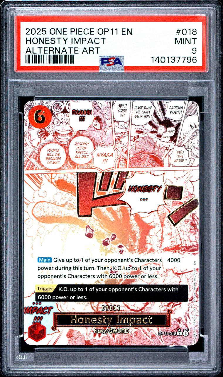 A graded collectible trading card of the One Piece OP11 'Honesty Impact' card by FPA, featuring a red and white manga-style comic panel layout with black text boxes and a black border.