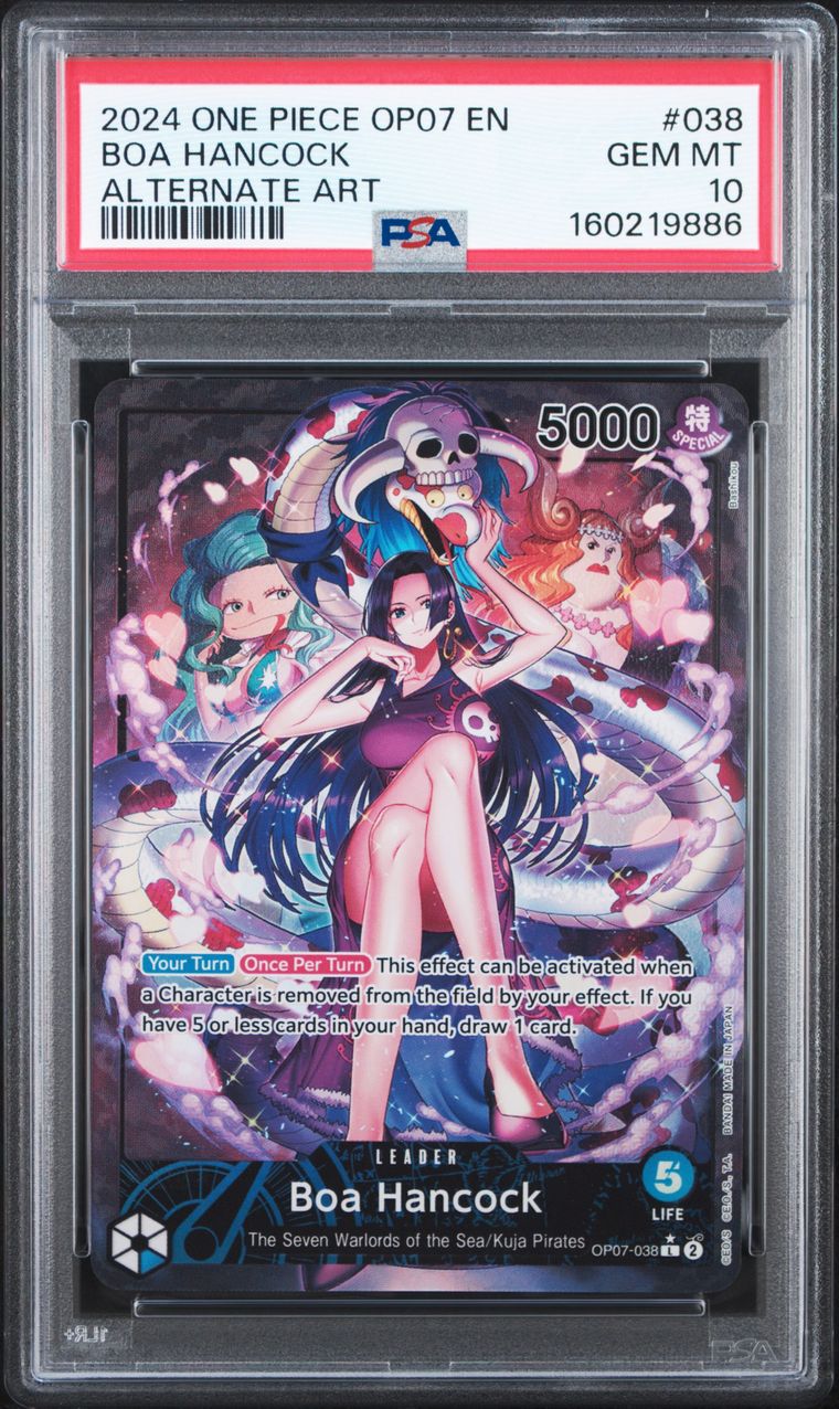 A graded collectible trading card in a clear plastic PSA slab. The card is a 2024 One Piece OP07 EN Boa Hancock alternate art GEM MT, featuring a highly detailed anime illustration of Boa Hancock with the Sea King and other characters.