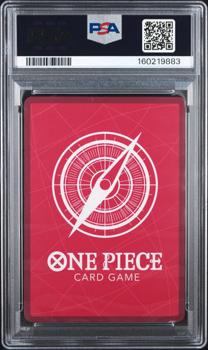 A PSA graded One Piece Card Game deck box featuring a red card back with a white compass design and the text 'ONE PIECE CARD GAME'. The PSA label is visible at the top of the clear plastic grading case.