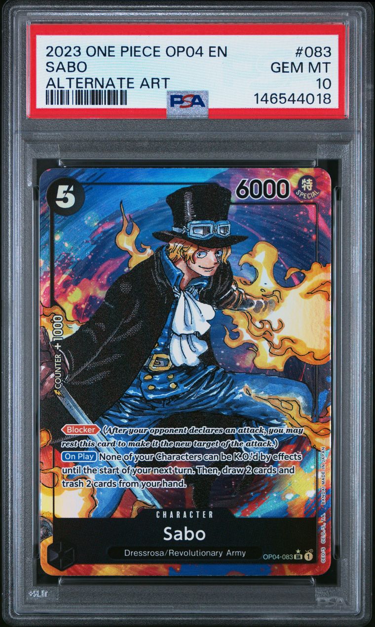 A PSA-graded One Piece OP04 EN Sabo character card in a clear plastic holder, with the PSA grading label visible at the top. The card features Sabo in a black top hat and coat with blue clothing and fiery orange effects, and the PSA header shows grading details including GEM MT 10.