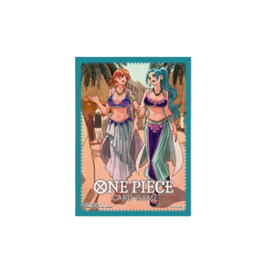 A One Piece Card Game box or package centered on a plain white background, featuring anime artwork of two women in flowing outfits with desert scenery and the One Piece Card Game title at the bottom.