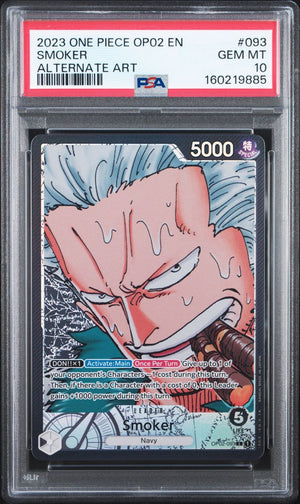 A graded One Piece trading card of the character Smoker, sealed in a PSA gem mount with a red authentication label at the top. The card features Smoker's face with pink skin and blue hair, and the PSA grading label is clearly visible at the top.