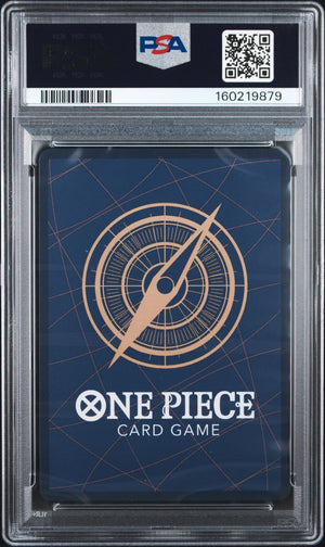PSA graded One Piece Card Game card deck box inside a clear PSA encapsulation, featuring a dark blue background with a gold compass design and white One Piece branding.