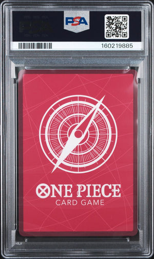 A PSA graded One Piece Card Game red card deck box inside a clear plastic encapsulation, with the PSA label visible at the top.