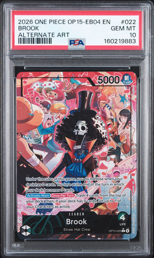A graded One Piece trading card featuring Brook in a straw hat and top hat, sealed inside a PSA slab. The card has a highly detailed, colorful anime illustration with a pink and black theme, and the PSA grading label is visible at the top.