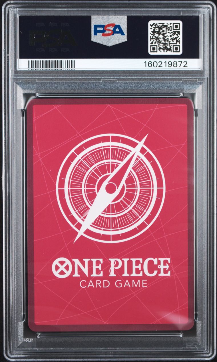 A PSA graded One Piece Card Game red card sleeve inside a clear plastic grading case, with the PSA logo and barcode visible at the top.